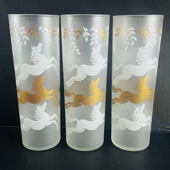 VTG Libbey CAVALCADE Collins Glasses Lot of 6 Prancing Horses Frosted Gold MCM - Picture 8 of 9